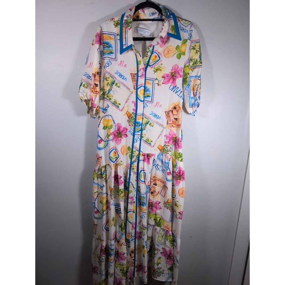 Maison Tara Maxi‎ Dress Women's 14 Vacation Beach Print With Belt
